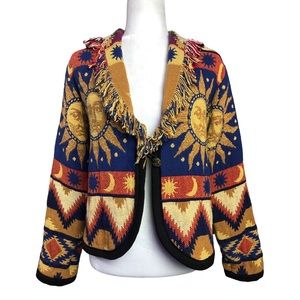 VTG Celestial Tapestry Jacket Blue Orange Sun Face Stars Moon Fringe Aztec